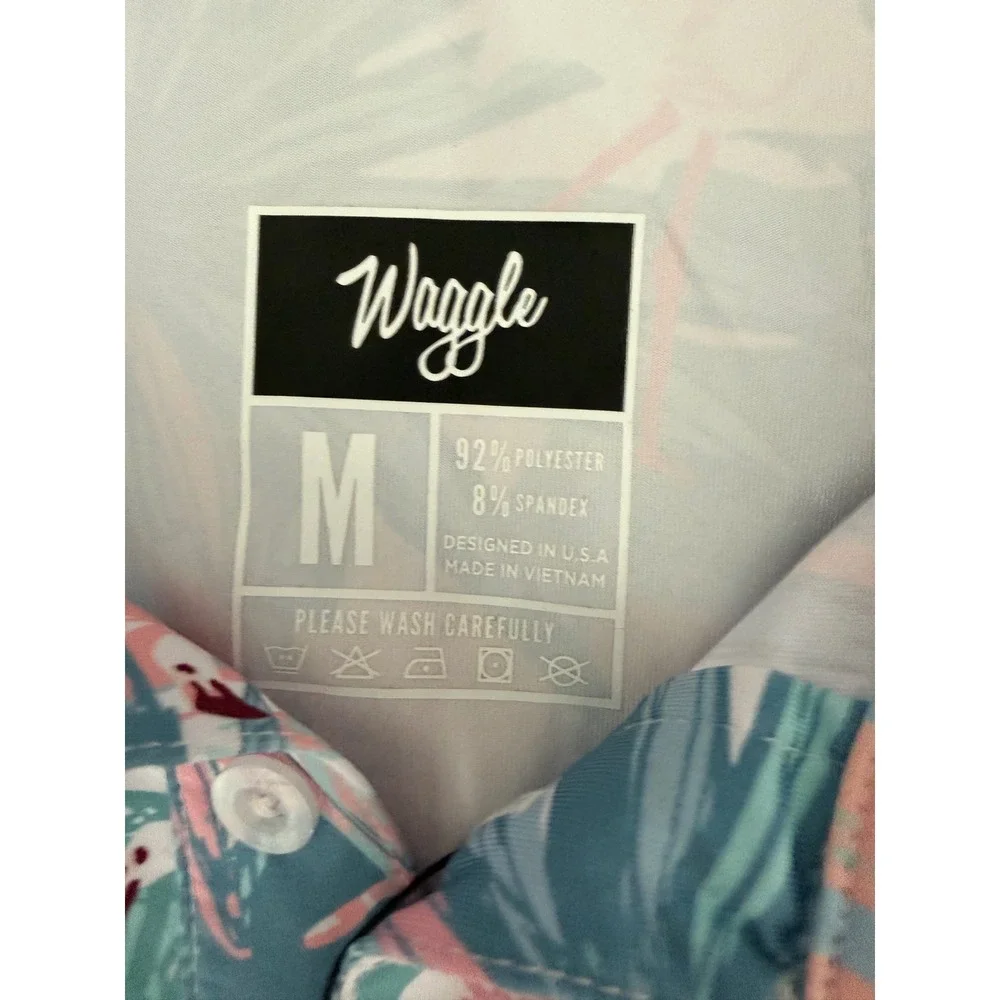 WAGGLE Golf Polo Shirt Men's Medium Flamingo Tropical Performance Stretch Beach - Picture 2 of 5